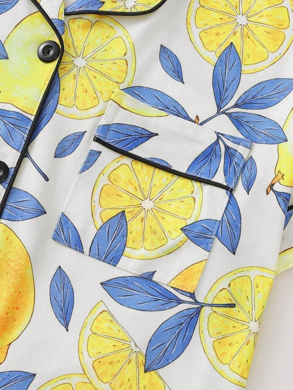 White Women's Lemon Print Pajama Sleeve Lapel Top and Shorts set - Picture 5 of 8